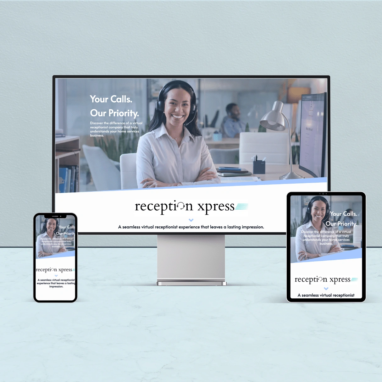 This shows an example of a website that advertises Reception Xpress, as shown on a desktop, laptop and tablet.