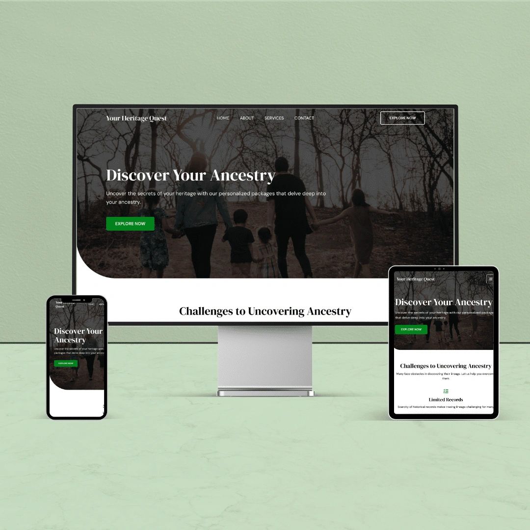 This shows an example of a website that advertises Discovering your heritage, as shown on a desktop, laptop and tablet.