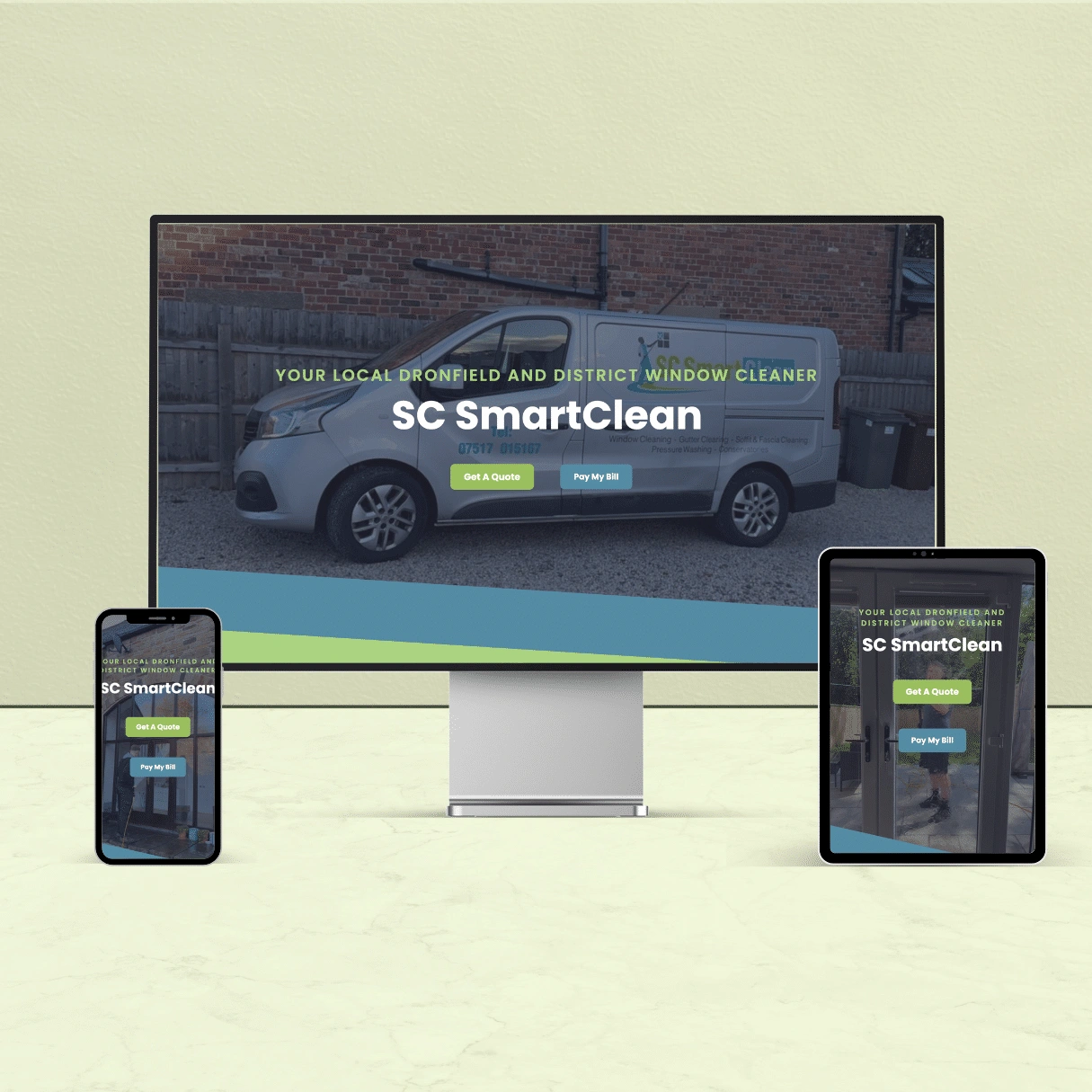 This shows an example of a website that advertises Window Cleaning, as shown on a desktop, laptop and tablet.