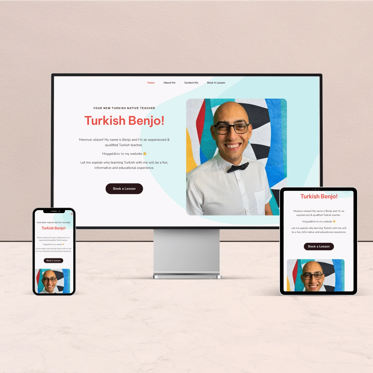 This shows an example of a website that advertises Turkish Tutor, as shown on a desktop, laptop and tablet.