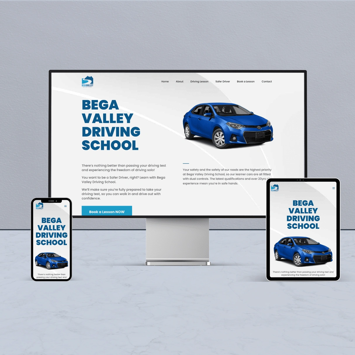 This shows an example of a website that advertises Driving School in Bega Village, as shown on a desktop, laptop and tablet.
