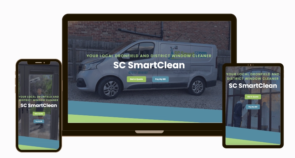 This shows an example of a website that advertises Cleaning Business, as shown on a desktop, laptop and tablet.