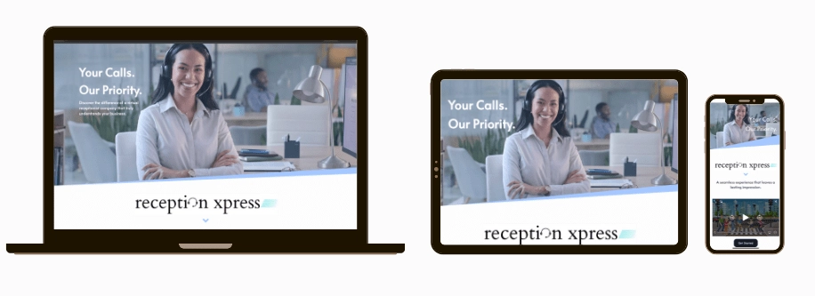 This shows an example of a website that advertises Reception Express, as shown on a desktop, laptop and tablet.