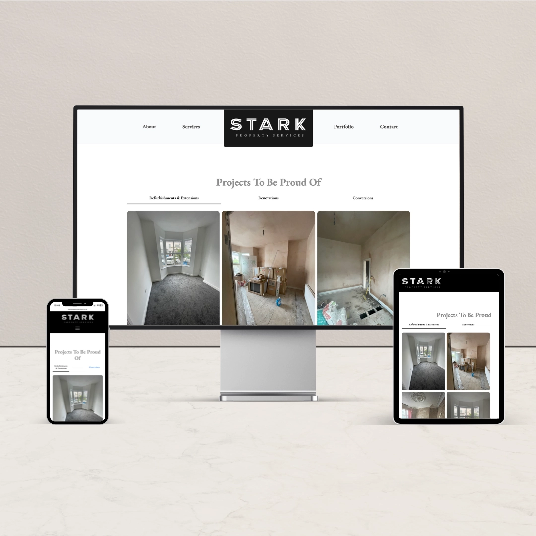 This shows an example of a website that advertises Property Service, as shown on a desktop, laptop and tablet.