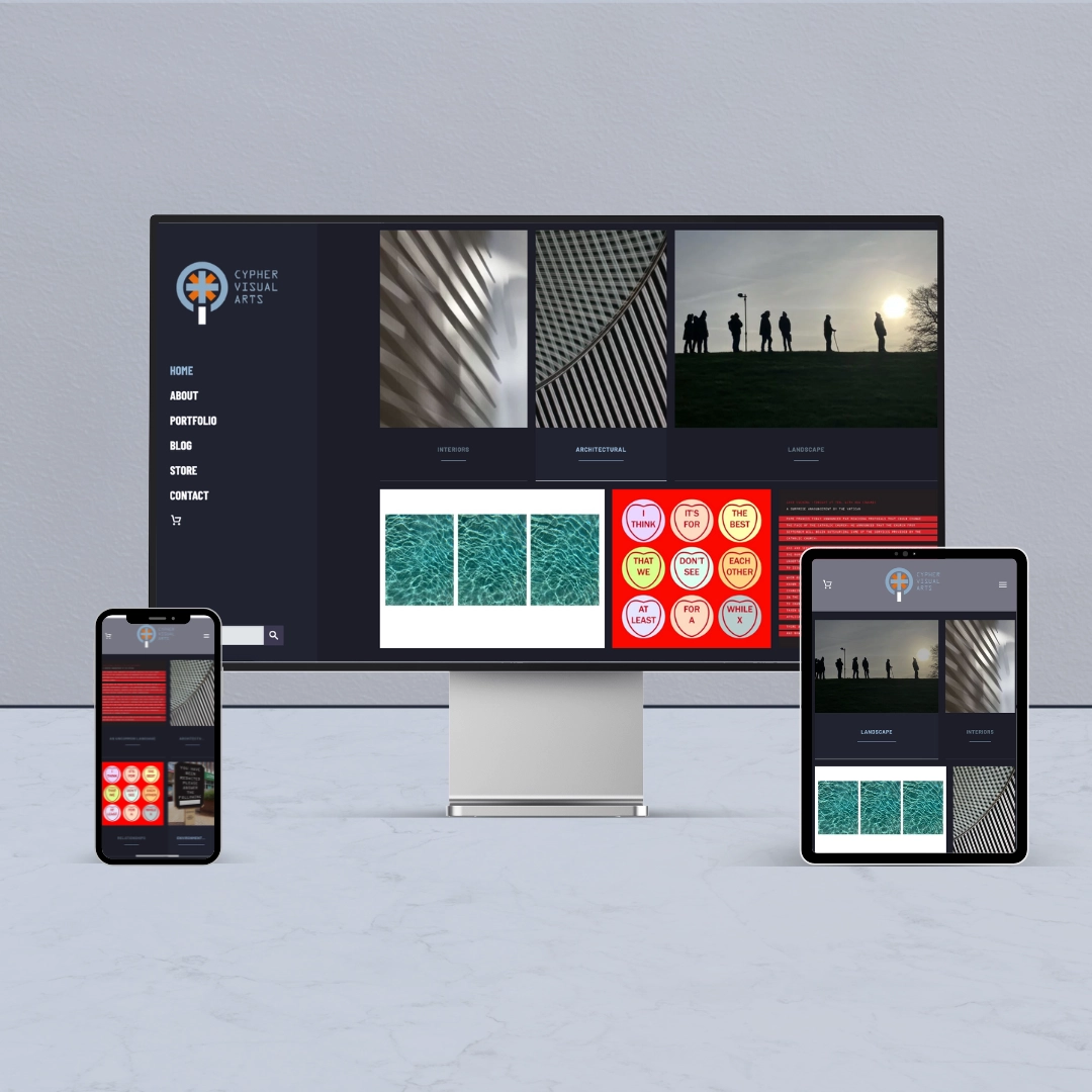 This shows an example of a website that advertises a Photographer's Vision, as shown on a desktop, laptop and tablet.