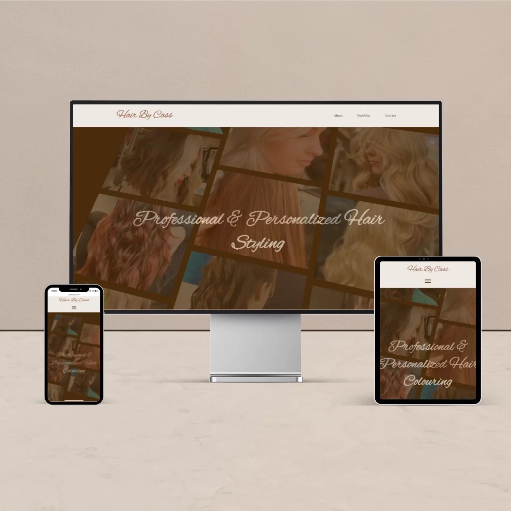 This shows an example of a website that advertises Professional Hair Stylist, as shown on a desktop, laptop and tablet.
